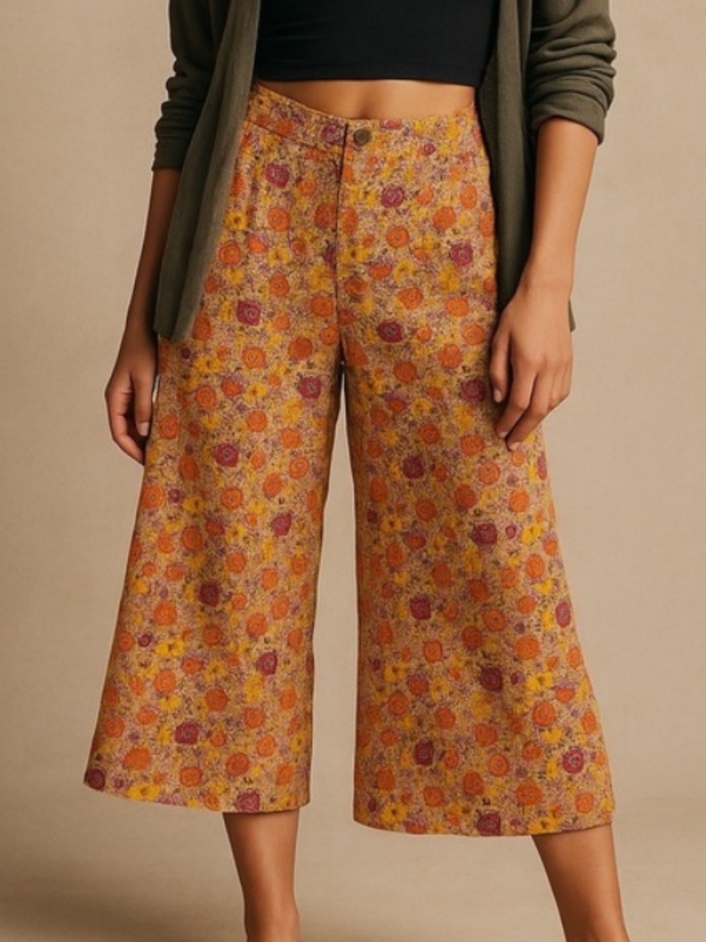 Free People Flower Power wide leg crop pant bohemian 70s inspired festival Sz 8